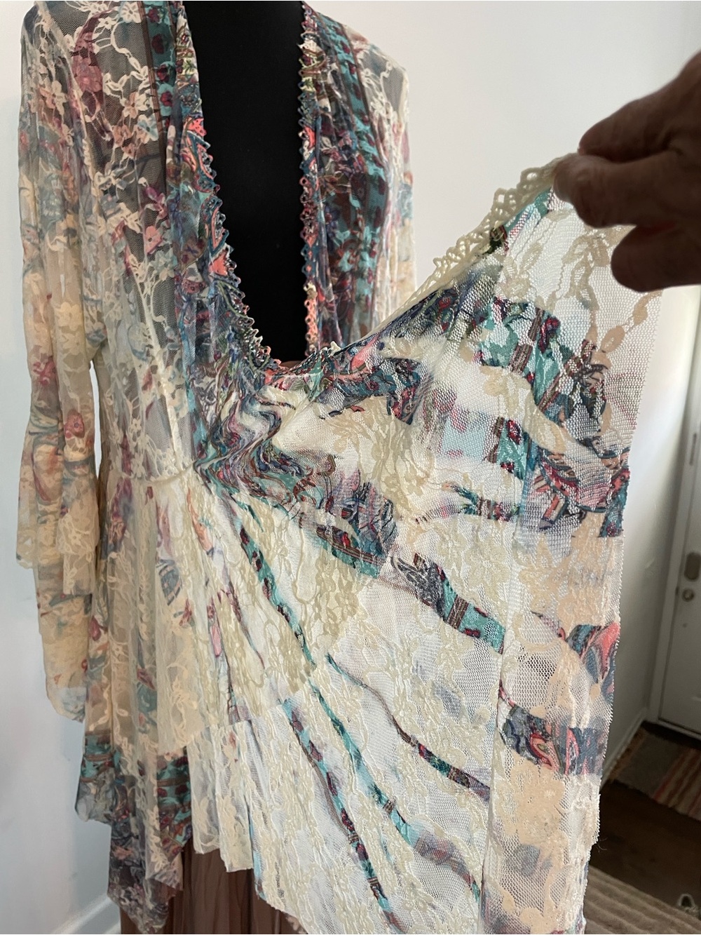 Origami Patterned Multicolor Duster Vest Size L  Boho Romantic Fairycore Lace